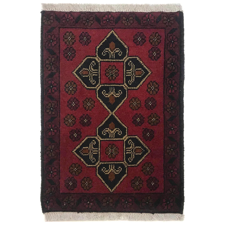 Red Afghan Oriental Doormat 1' 4" x 2' 0" Hand-Knotted | No. AL63804
