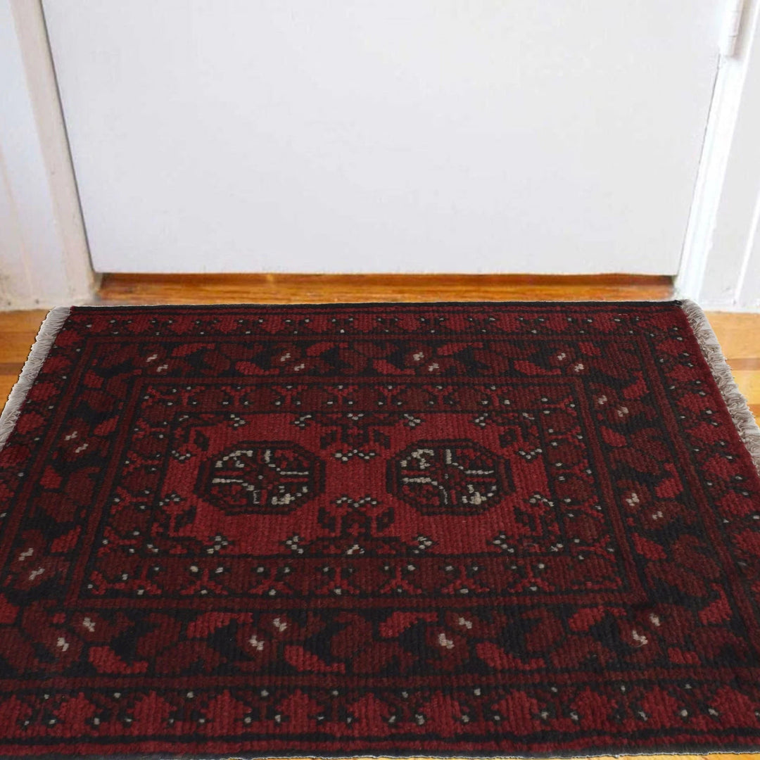 Red Afghan Oriental Doormat 1' 7" x 2' 2" Hand-Knotted | No. AL63851