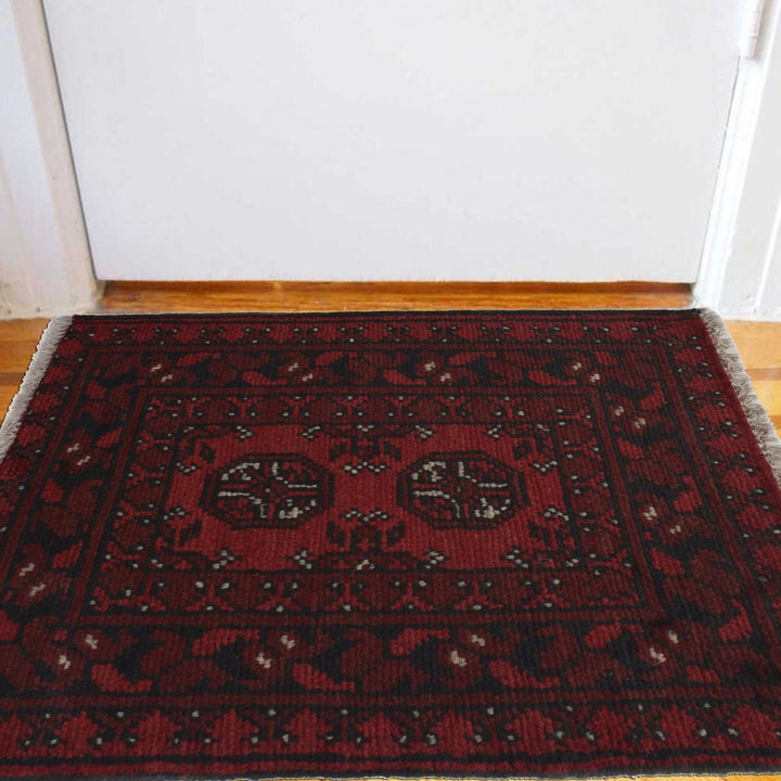 Red Afghan Oriental Doormat 1' 7" x 2' 2" Hand-Knotted | No. AL63851
