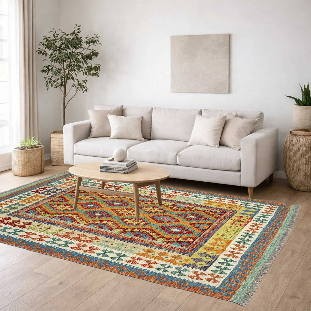 Afghan Vegetable Kilim Rug 5' 1" x 6' 4" Flat-Weave | No. AL639257
