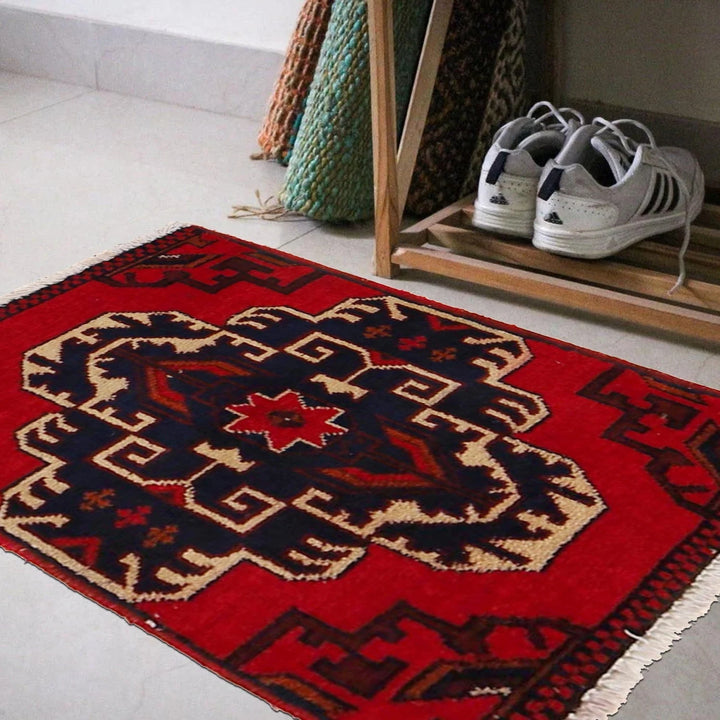 Red Afghan Oriental Doormat 1' 6" x 1' 11" Hand-Knotted | No. AL64031