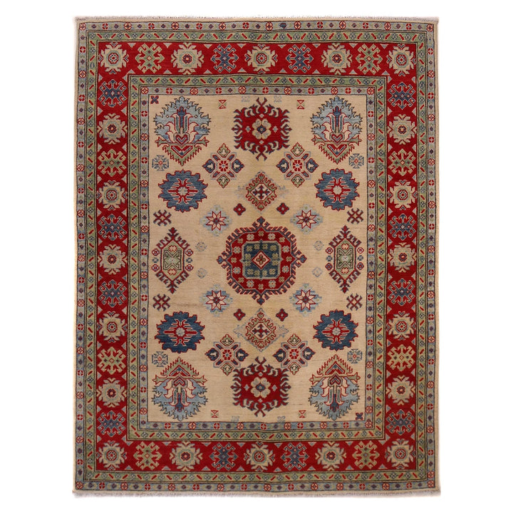 Beige Afghan Kazak Rug 4' 10" x 6' 4" Hand-Knotted | No. AL64275