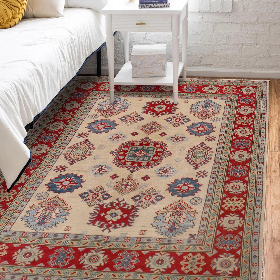 Beige Afghan Kazak Rug 4' 10" x 6' 4" Hand-Knotted | No. AL64275