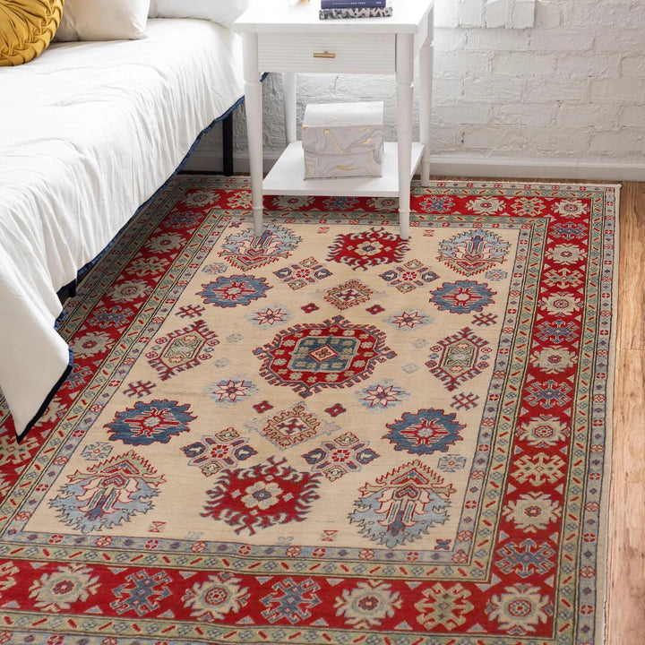 Beige Afghan Kazak Rug 4' 10" x 6' 4" Hand-Knotted | No. AL64275