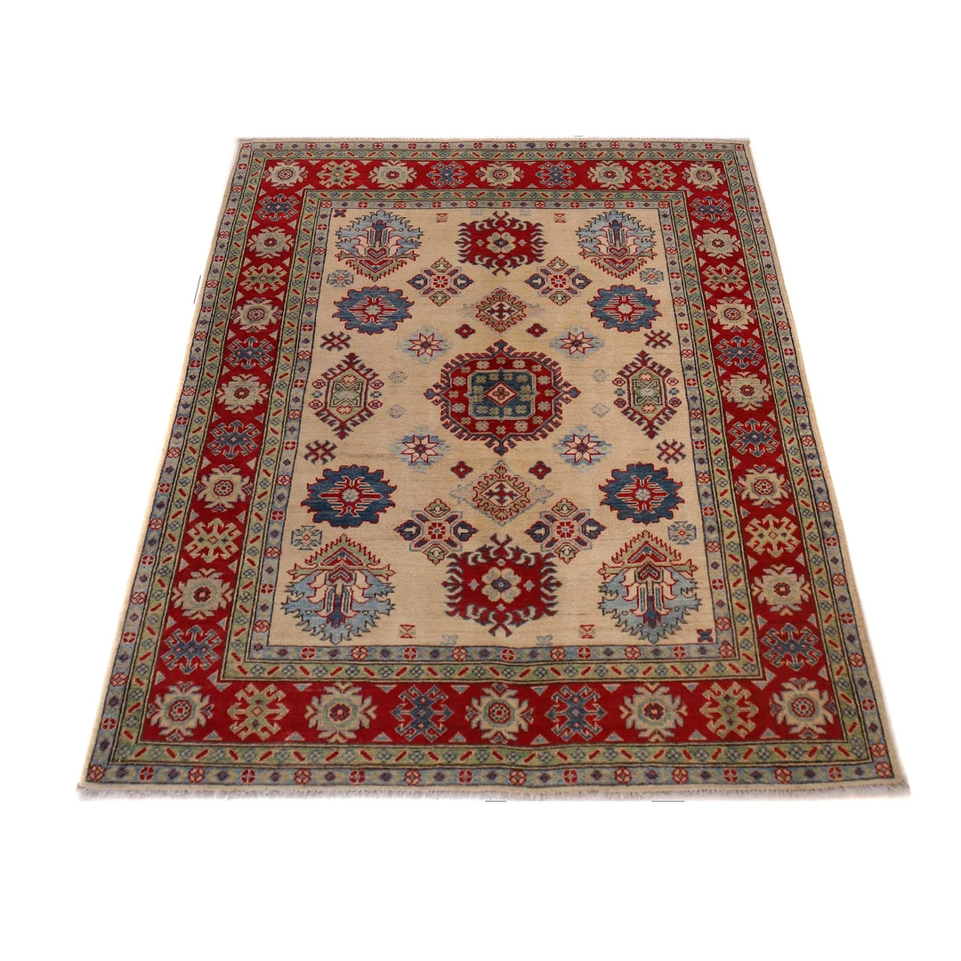Beige Afghan Kazak Rug 4' 10" x 6' 4" Hand-Knotted | No. AL64275