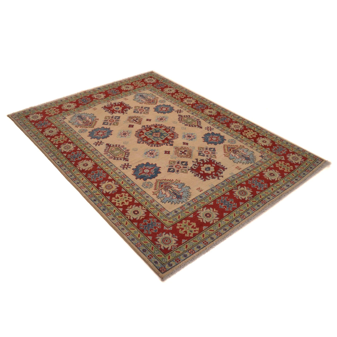 Beige Afghan Kazak Rug 4' 10" x 6' 4" Hand-Knotted | No. AL64275