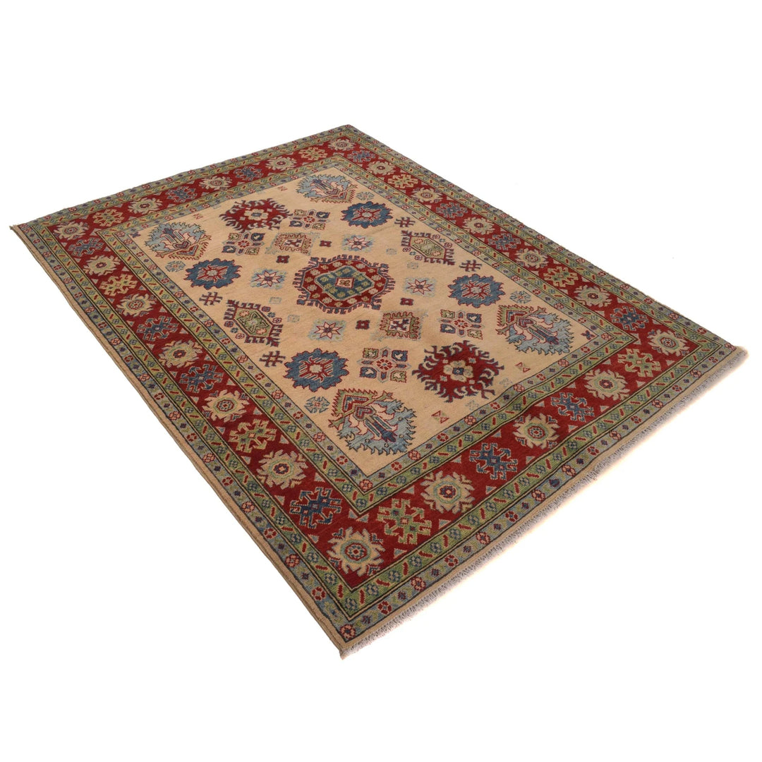 Beige Afghan Kazak Rug 4' 10" x 6' 4" Hand-Knotted | No. AL64275
