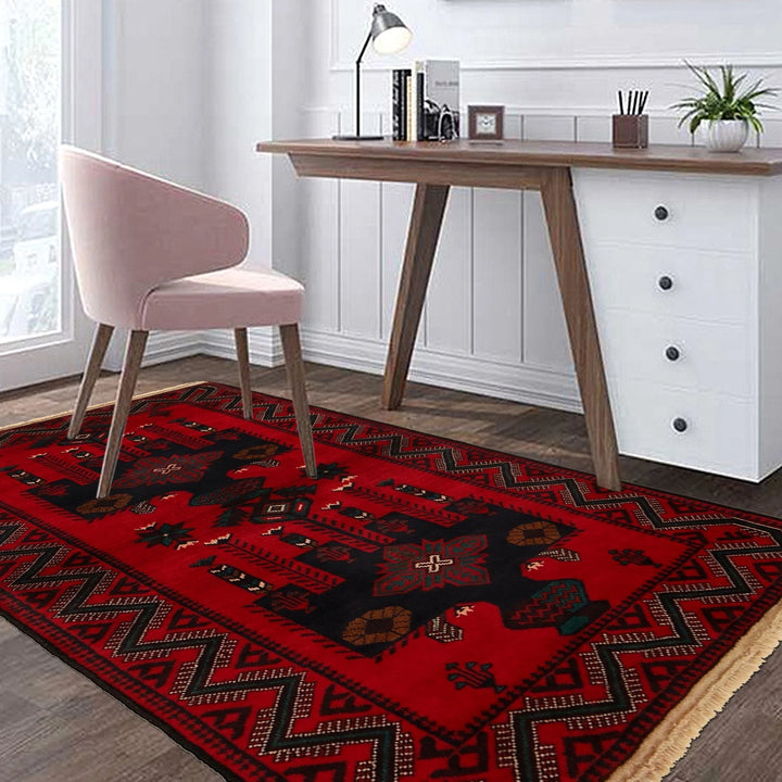 Red Afghan Baluchi Rug 2' 10" x 4' 10" Hand-Knotted | No. AL64325