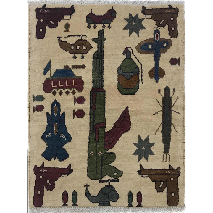 Beige Afghan War Rug 2' 0" x 2' 6" Hand-Knotted | No. AL64708