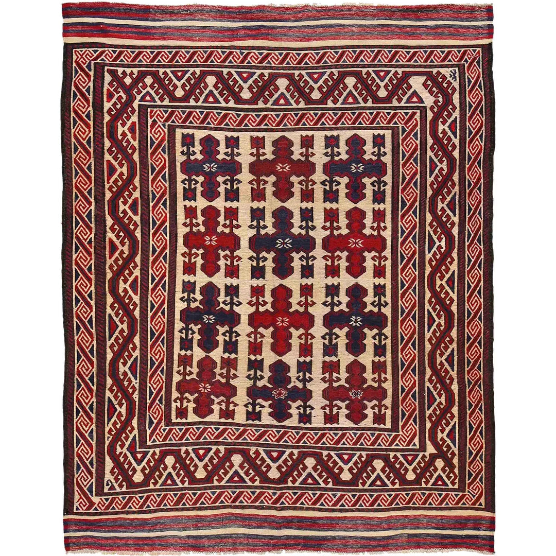 Beige Afghan Saghari Rug 6' 8" x 8' 8" Flat-Weave | No. AL64769