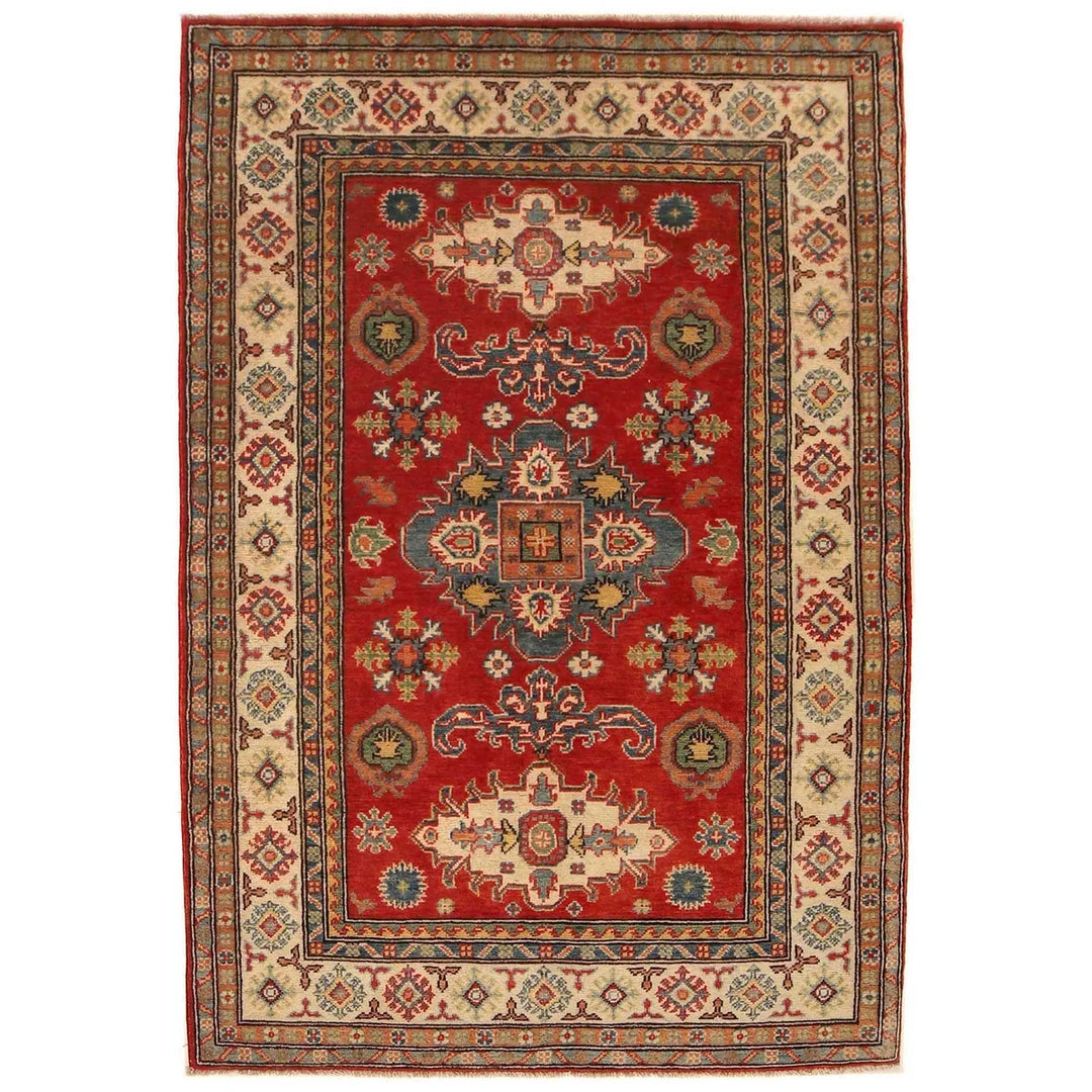 Red Afghan Kazak Rug 3' 11" x 5' 10" Hand-Knotted | No. AL64871