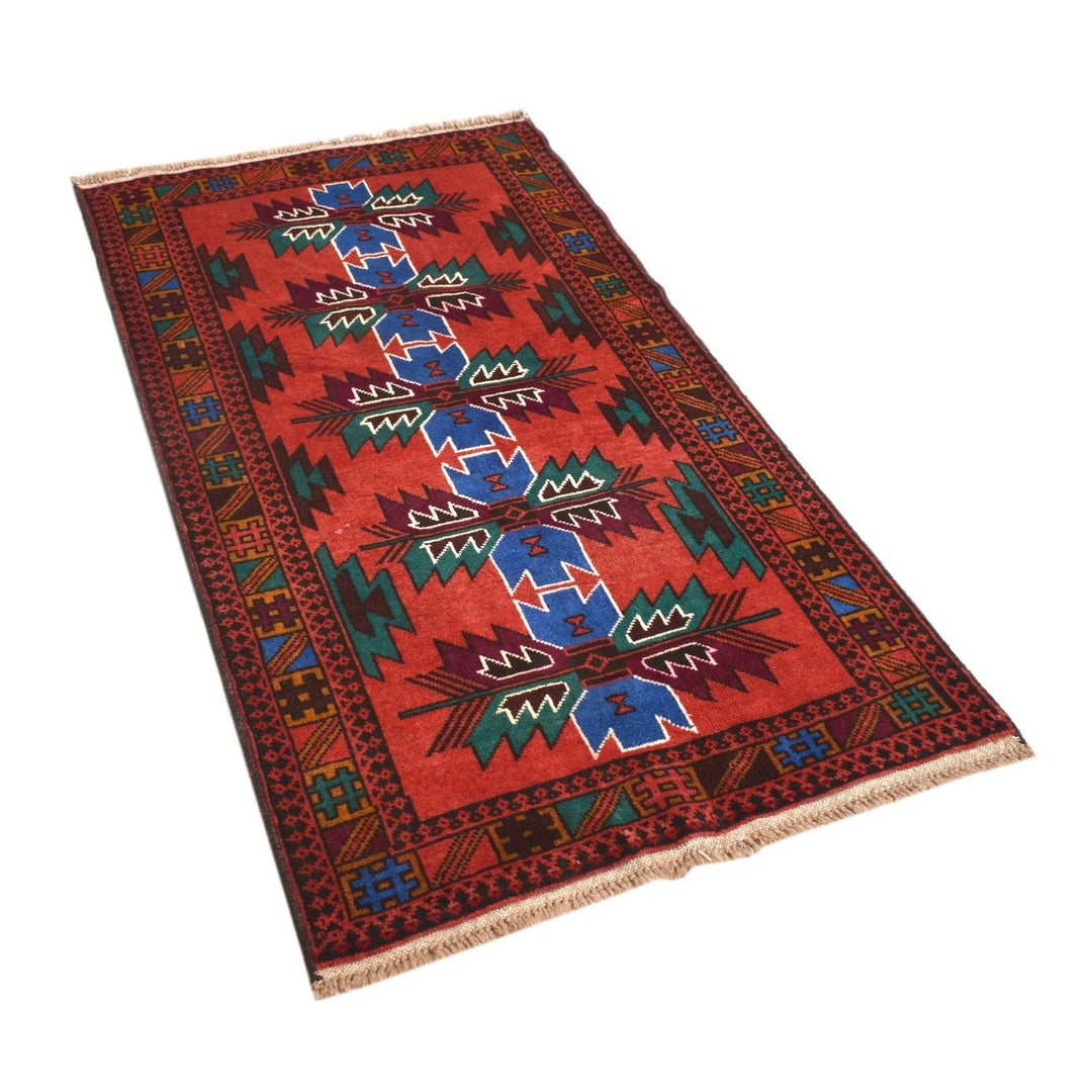 Red Afghan Baluchi Rug 2' 8" x 5' " Hand-Knotted | No. AL64954