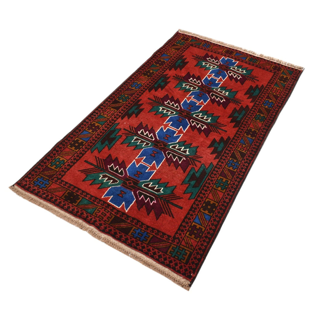 Red Afghan Baluchi Rug 2' 8" x 5' " Hand-Knotted | No. AL64954