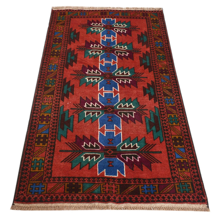 Red Afghan Baluchi Rug 2' 8" x 5' " Hand-Knotted | No. AL64954