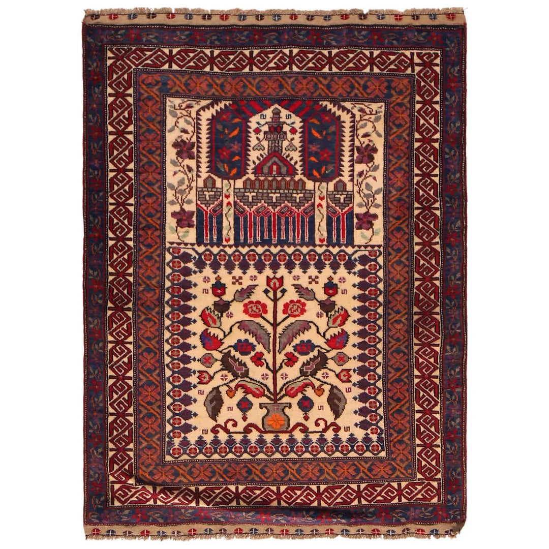 Beige Afghan Prayer Rug 3' 3" x 4' 4" Hand-Knotted | No. AL65071