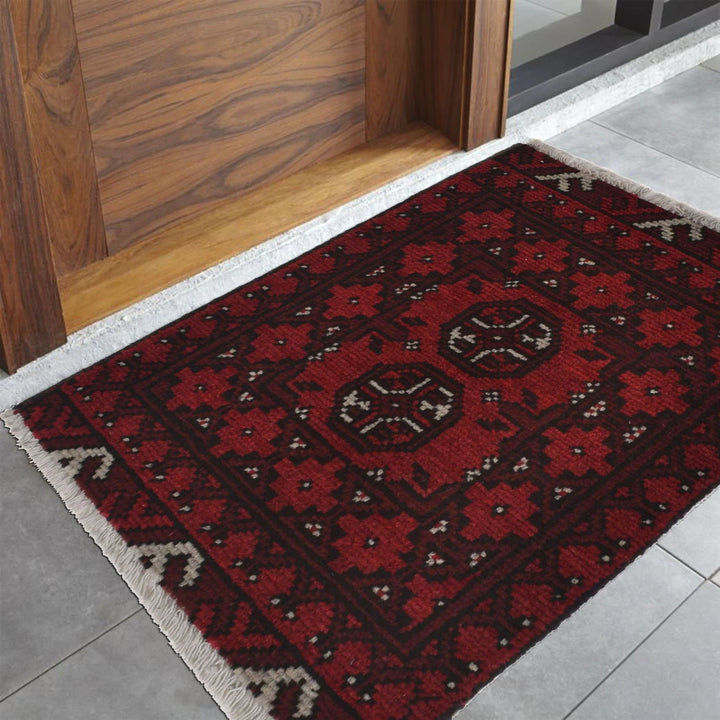 Red Afghan Oriental Doormat 1' 6" x 2' 1" Hand-Knotted | No. AL65505