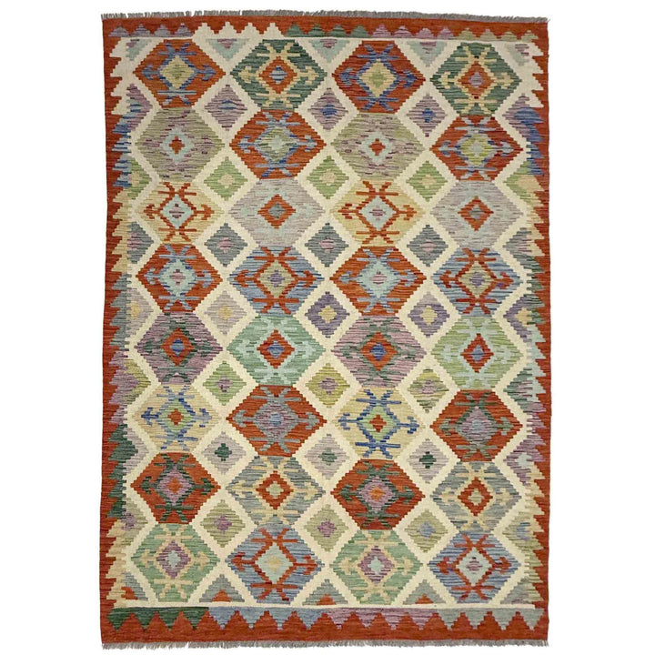 Multicolor Afghan Vegetable Kilim Rug 5' 9" x 8' 1" Flat-Weave | No. AL65594