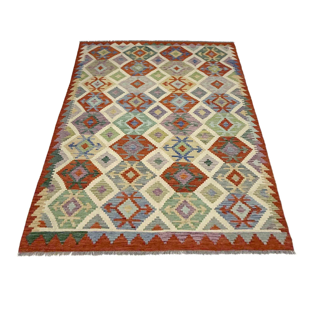 Multicolor Afghan Vegetable Kilim Rug 5' 9" x 8' 1" Flat-Weave | No. AL65594