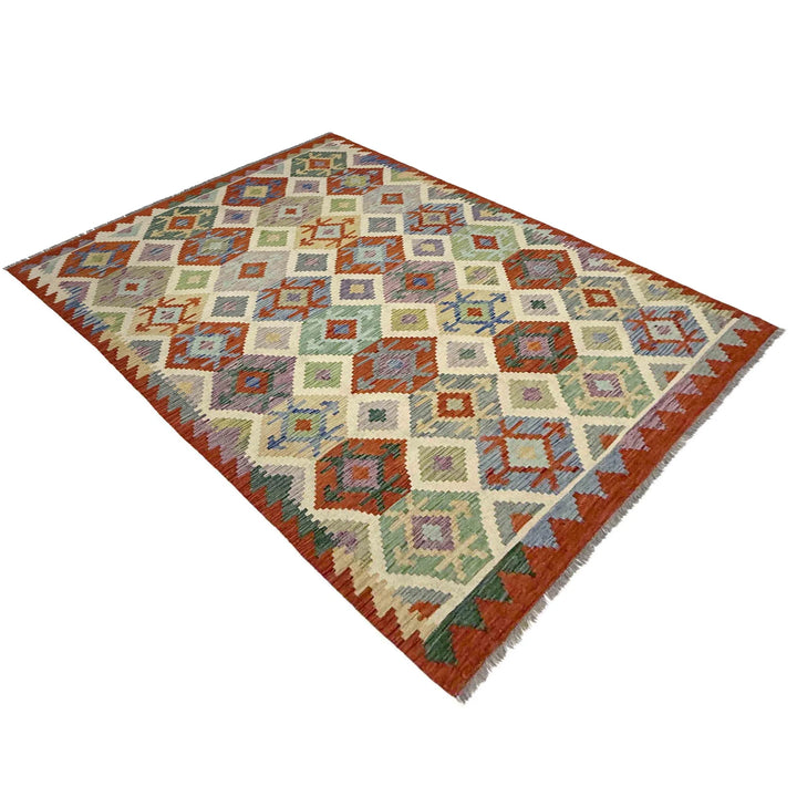 Multicolor Afghan Vegetable Kilim Rug 5' 9" x 8' 1" Flat-Weave | No. AL65594