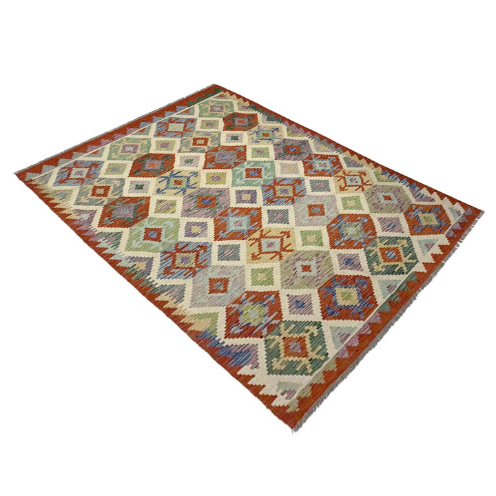 Multicolor Afghan Vegetable Kilim Rug 5' 9" x 8' 1" Flat-Weave | No. AL65594