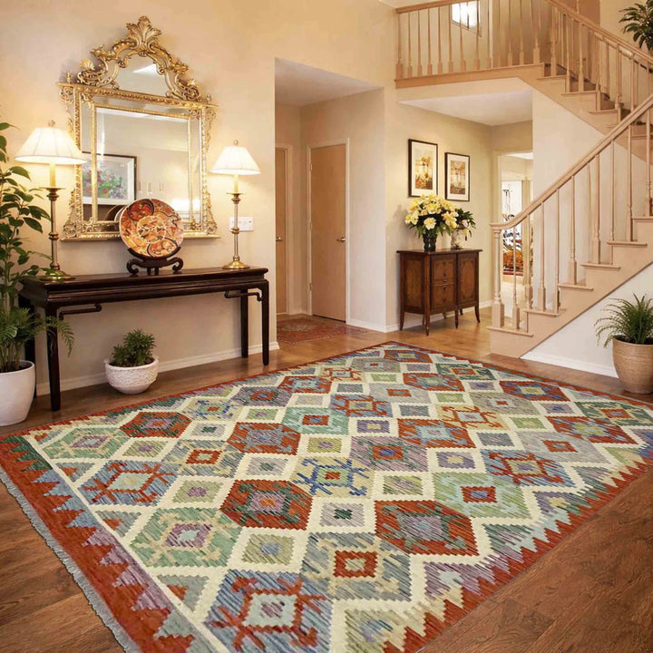 Multicolor Afghan Vegetable Kilim Rug 5' 9" x 8' 1" Flat-Weave | No. AL65594