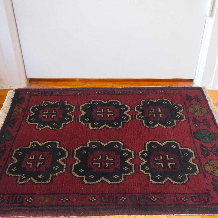 Red Afghan Oriental Doormat 1' 3" x 1' 11" Hand-Knotted | No. AL65614