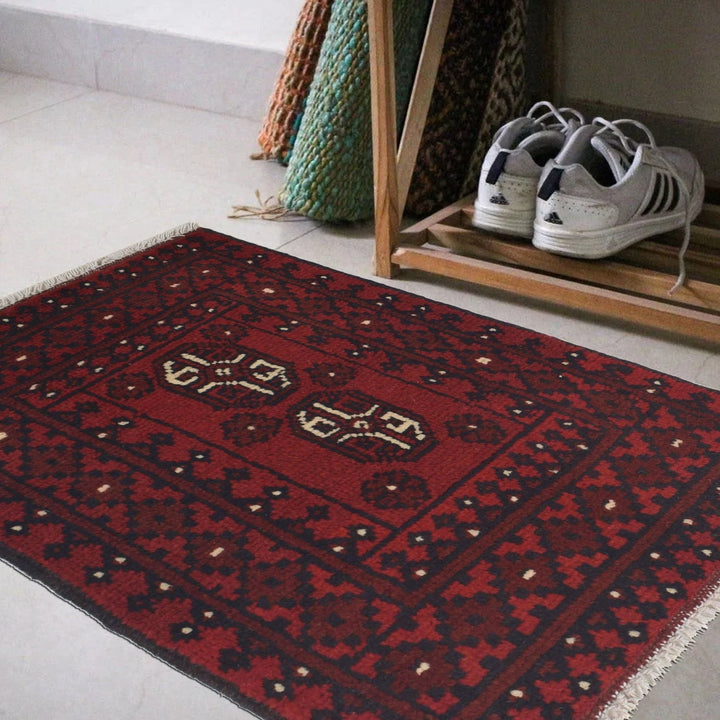 Red Afghan Oriental Rug 1' 7" x 2' 2" Hand-Knotted | No. AL65617