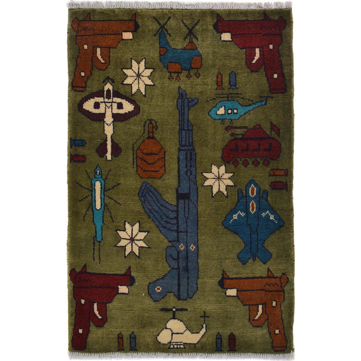 Green Afghan War Carpet Rug 2' 0" x 2' 11" Hand-Knotted | No. AL65674
