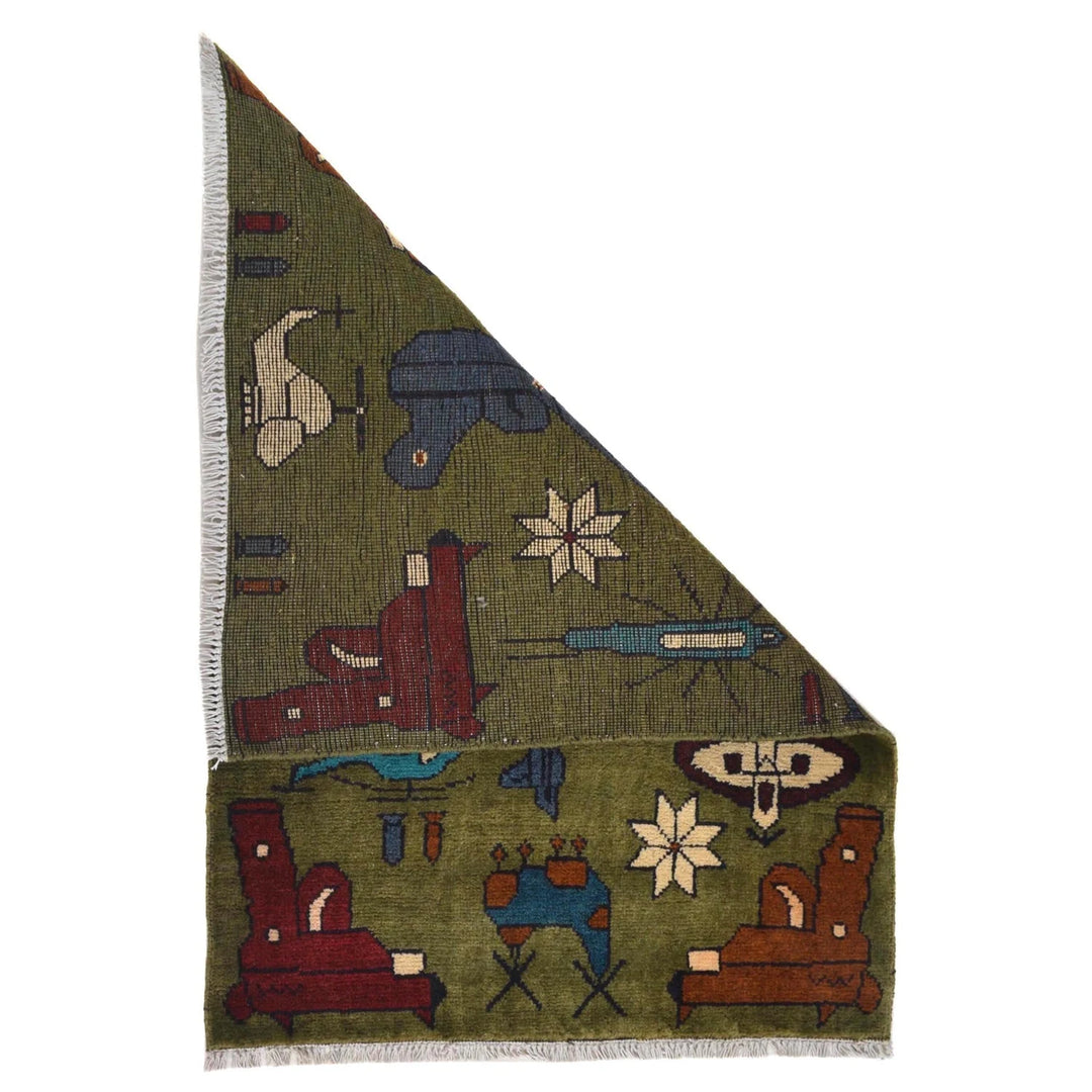 Green Afghan War Carpet Rug 2' 0" x 2' 11" Hand-Knotted | No. AL65674