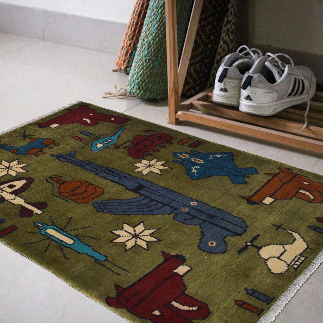 Green Afghan War Carpet Rug 2' 0" x 2' 11" Hand-Knotted | No. AL65674