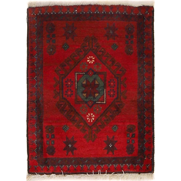 Red Afghan Oriental Doormat 1' 5" x 1' 10" Hand-Knotted | No. AL66126
