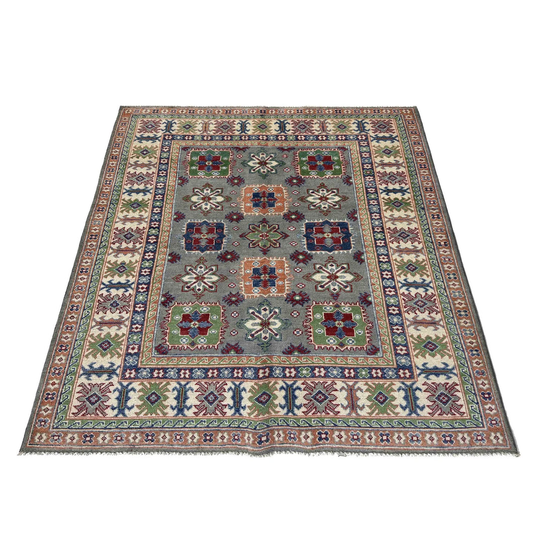 Gray Afghan Kazak Rug 4' 11" x 6' 6" Hand-Knotted | No. AL66271
