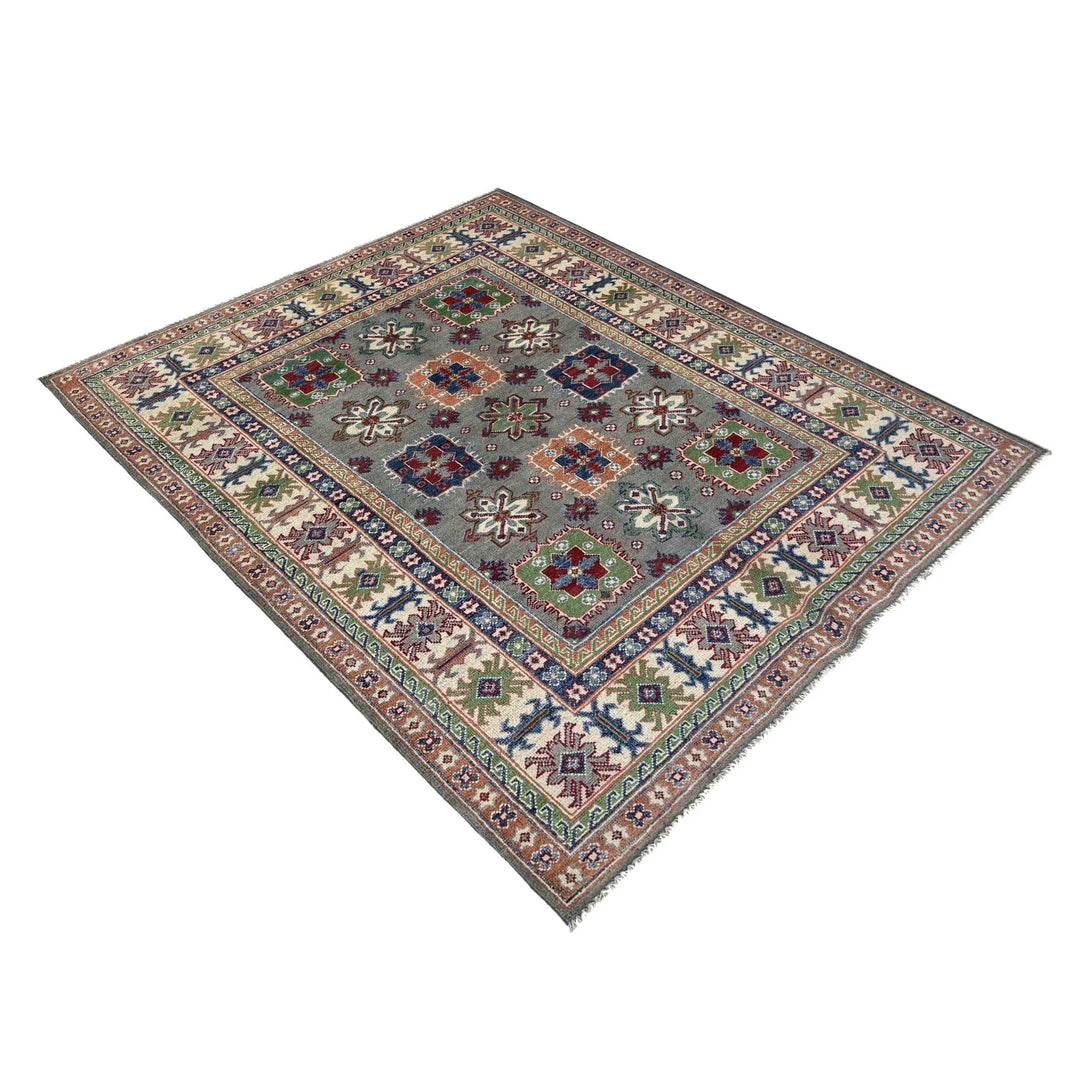 Gray Afghan Kazak Rug 4' 11" x 6' 6" Hand-Knotted | No. AL66271
