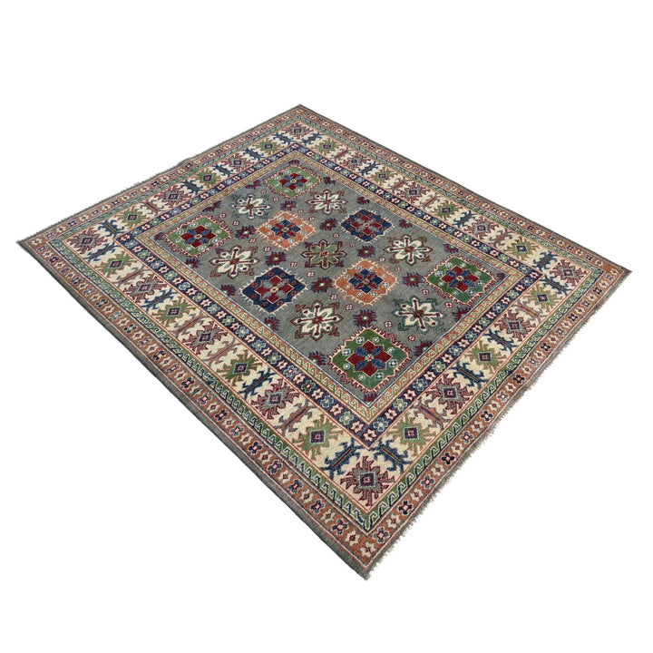 Gray Afghan Kazak Rug 4' 11" x 6' 6" Hand-Knotted | No. AL66271