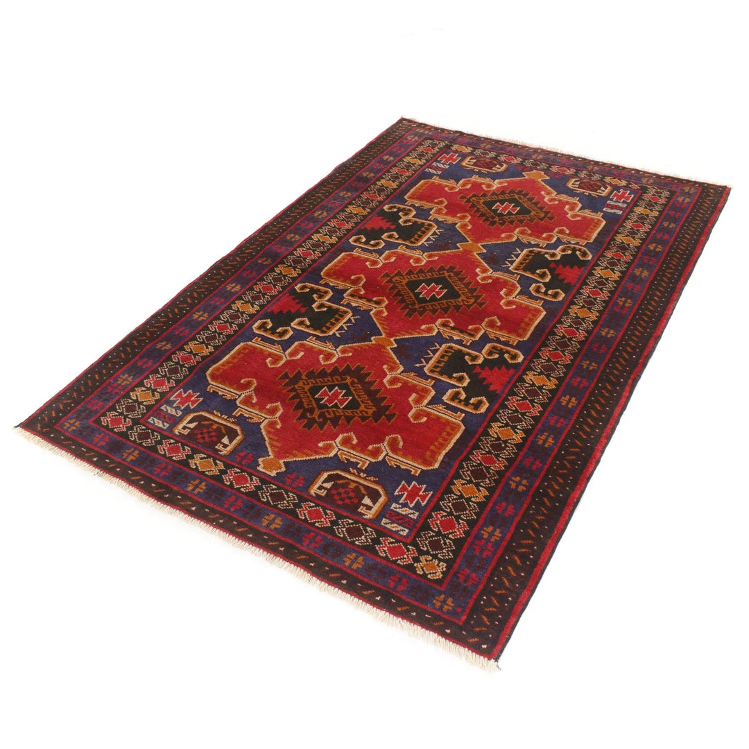 Red Afghan Baluchi Rug 3' 9" x 5' 9" Hand-Knotted | No. AL66326