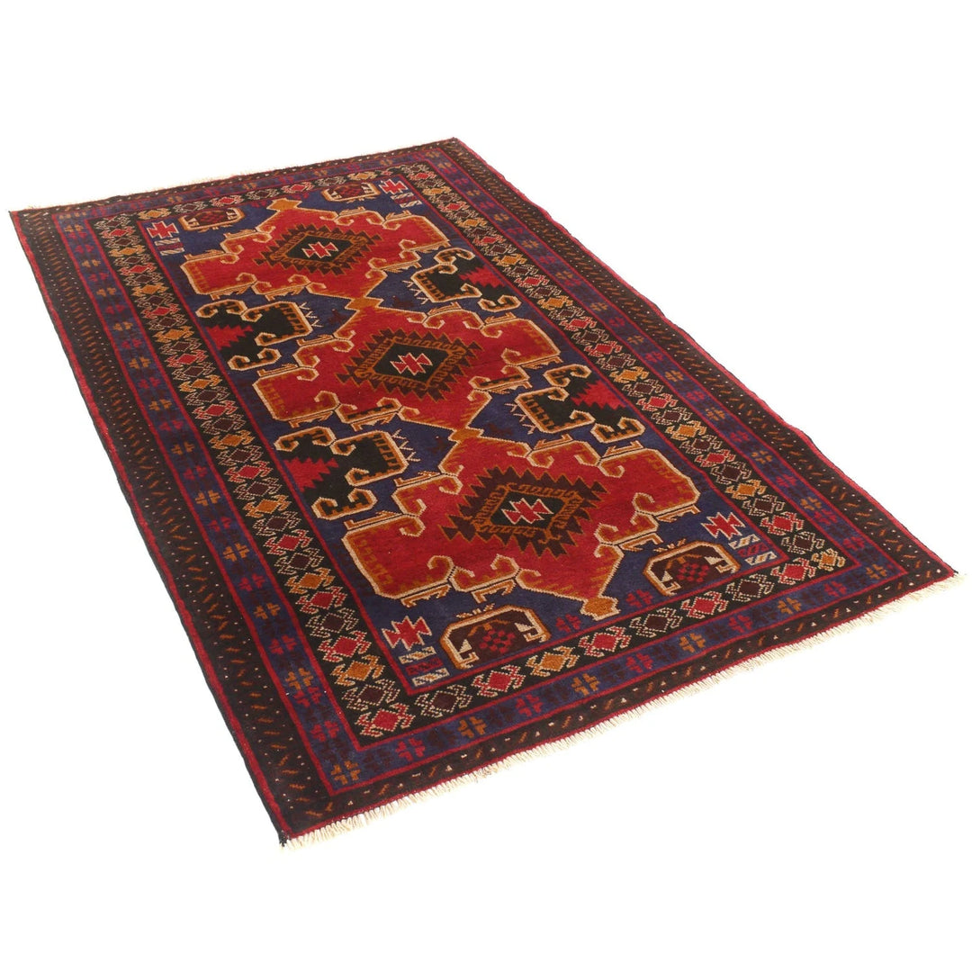 Red Afghan Baluchi Rug 3' 9" x 5' 9" Hand-Knotted | No. AL66326