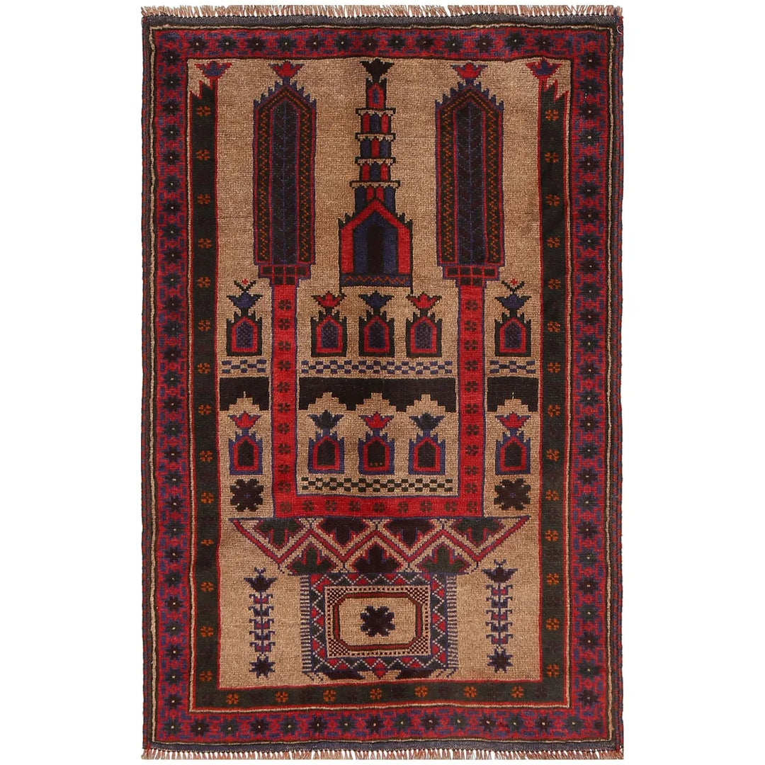 Beige Afghan Prayer Rug 2' 11" x 4' 6" Hand-Knotted | No. AL66354
