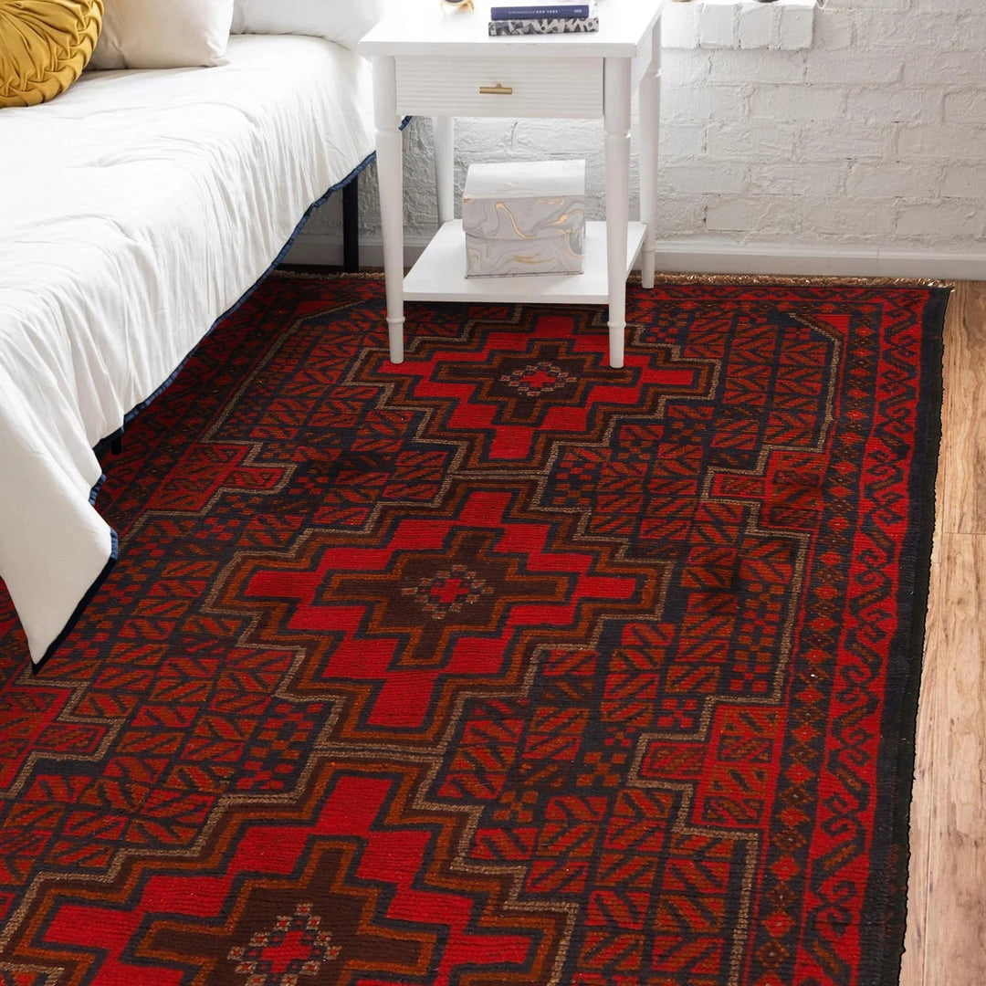 Red Afghan Baluchi Rug 3' 10" x 5' 11" Hand-Knotted | No. AL66624