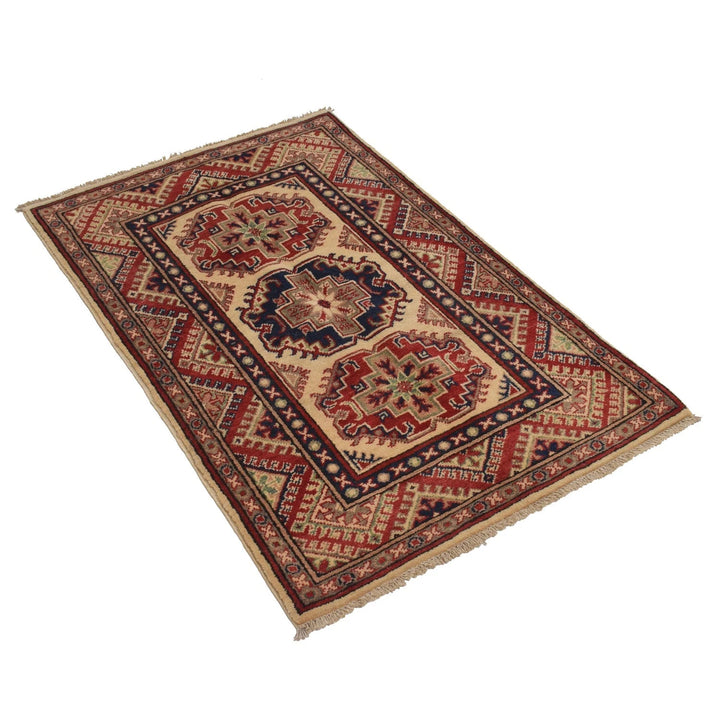 Ivory Afghan Kazak Rug 2'7" x 4'1" Hand-Knotted | No. AL66723