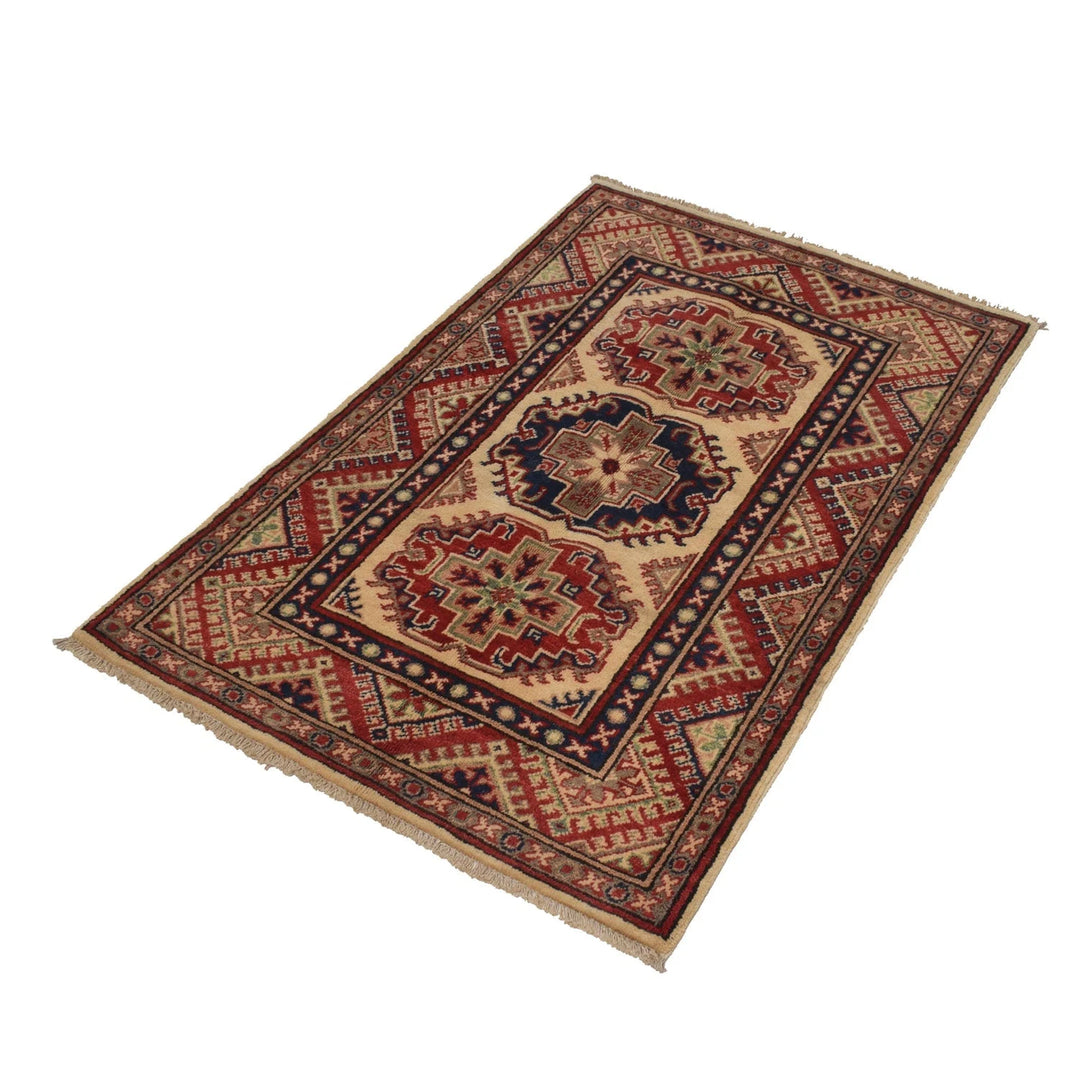 Ivory Afghan Kazak Rug 2'7" x 4'1" Hand-Knotted | No. AL66723