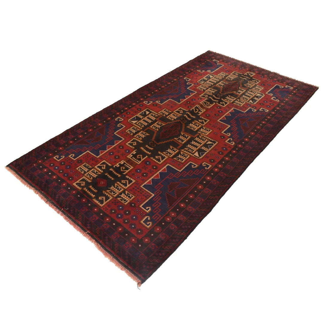 Red Afghan Baluchi Rug 3' 11" x 7' 7" Hand-Knotted | No. AL67412