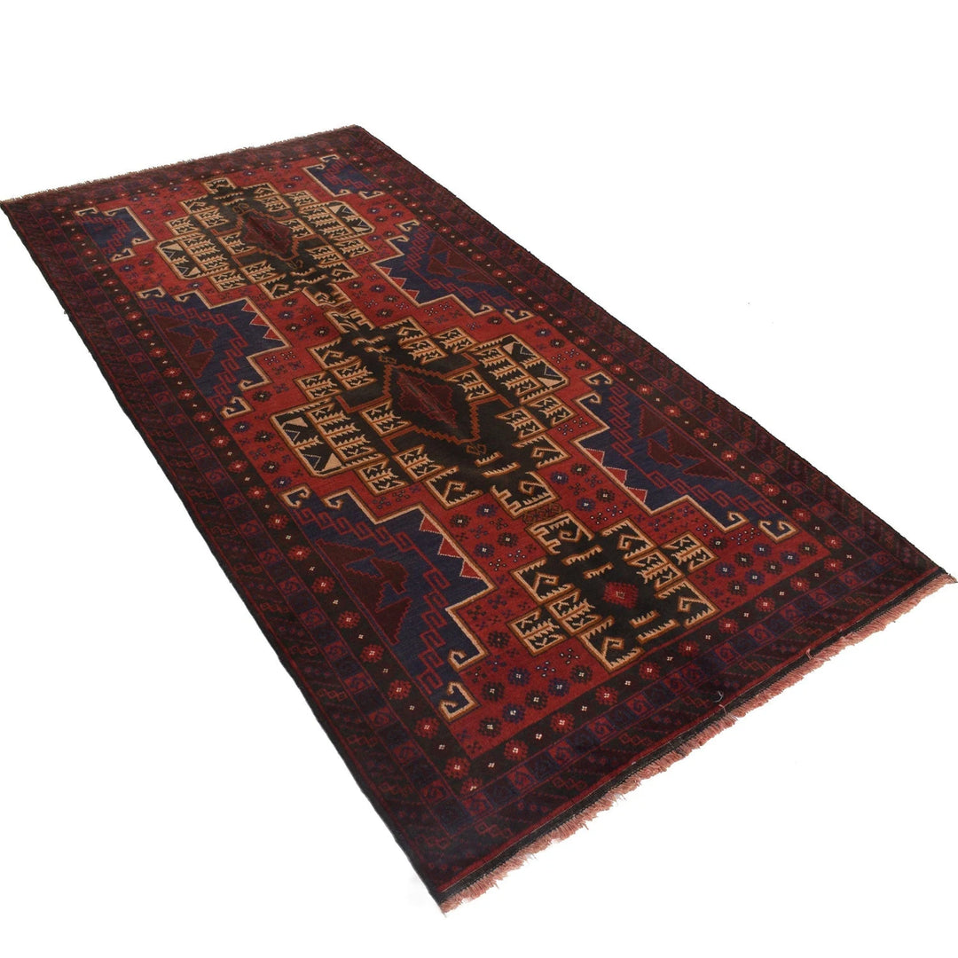 Red Afghan Baluchi Rug 3' 11" x 7' 7" Hand-Knotted | No. AL67412