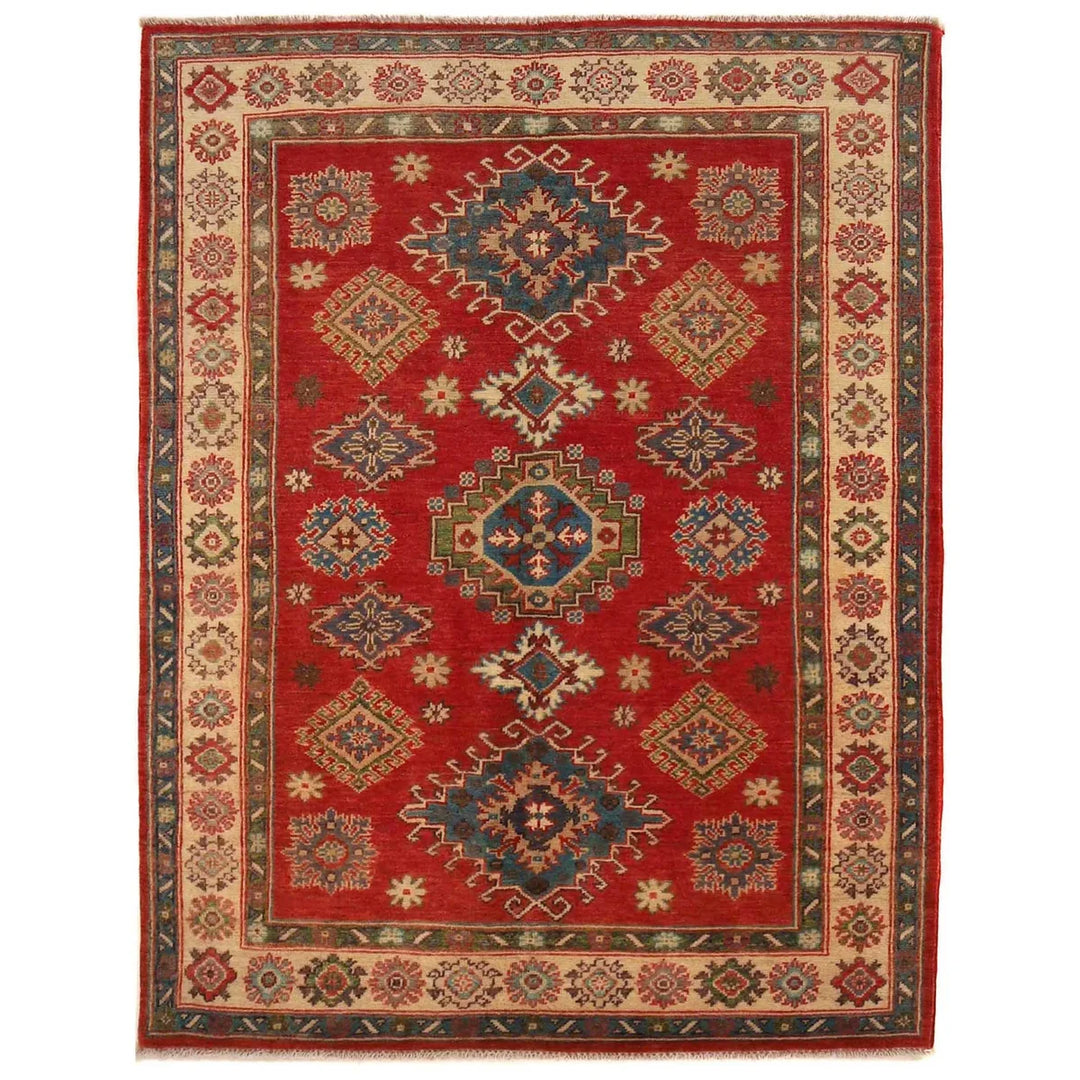 Afghan Kazak Rug 4' 2" x 5' 7" Hand-Knotted | No. AL67475