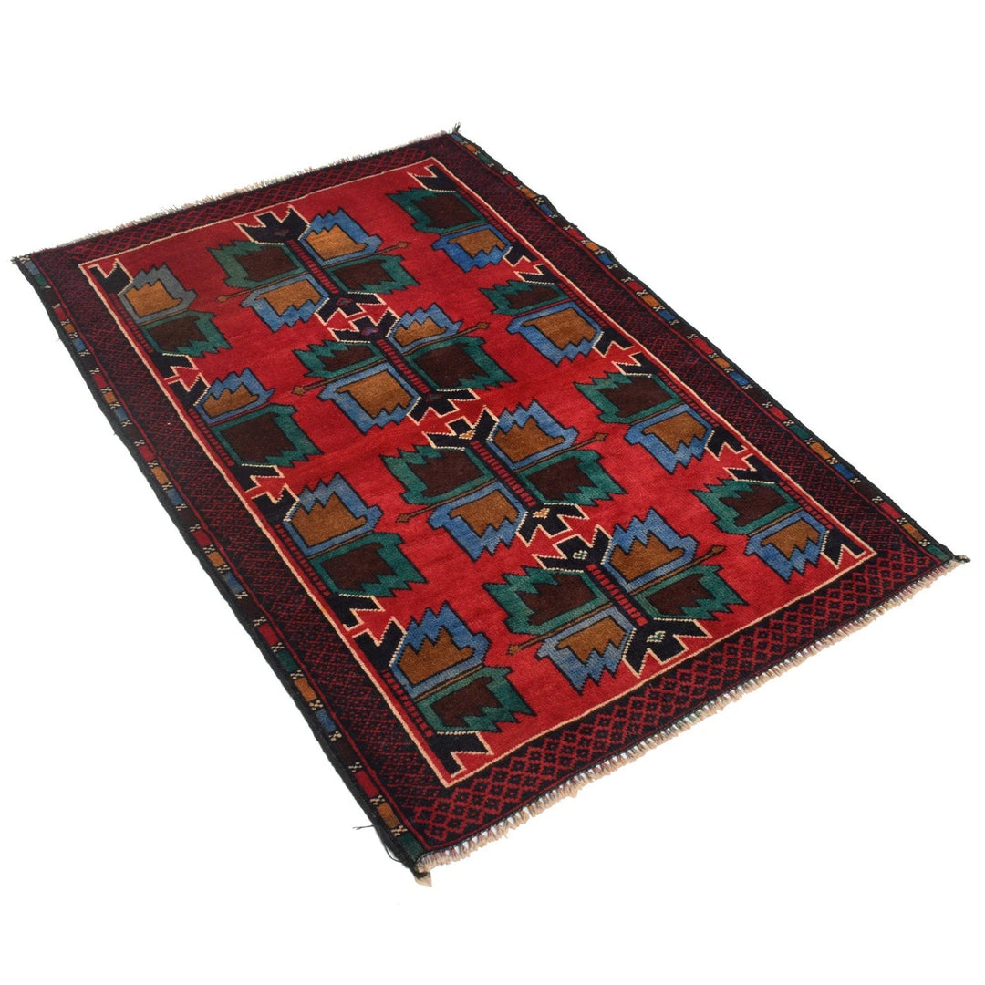 Red Afghan Baluchi Rug 2' 11" x 4' 5" Hand-Knotted | No. AL67476