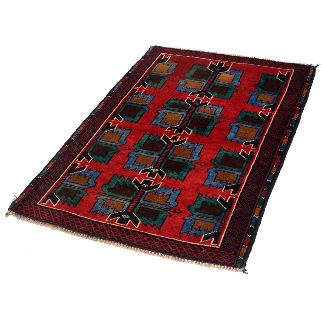 Red Afghan Baluchi Rug 2' 11" x 4' 5" Hand-Knotted | No. AL67476