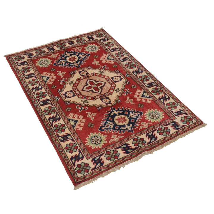 Red Afghan Kazak Rug 2' 9" x 3' 10" Hand-Knotted | No. AL67493