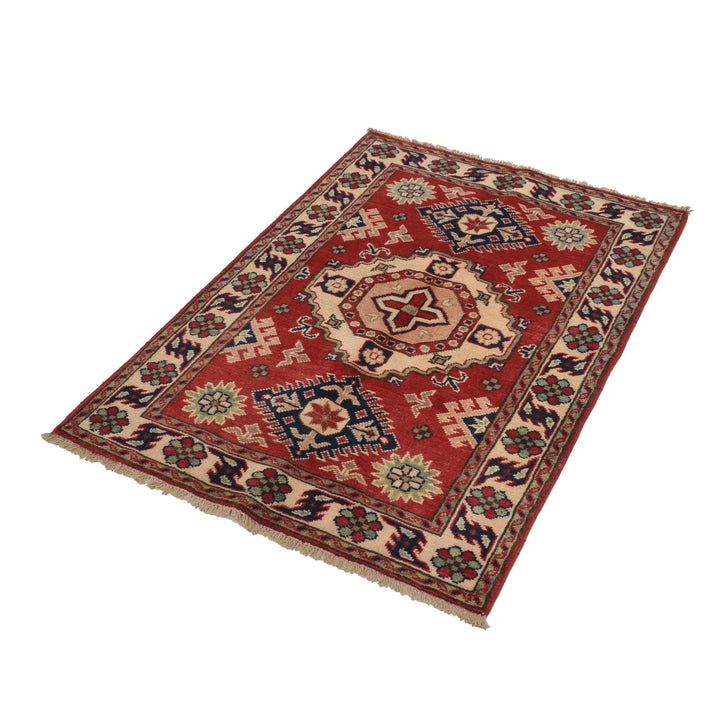 Red Afghan Kazak Rug 2' 9" x 3' 10" Hand-Knotted | No. AL67493
