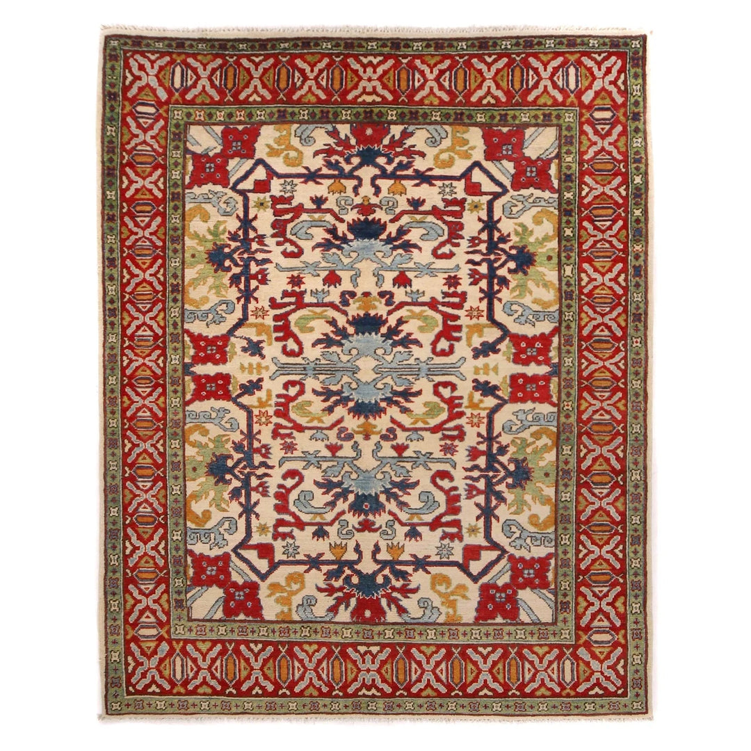 Ivory Afghan Kazak Rug 4' 11" x 6' 4" Hand-Knotted | No. AL67560