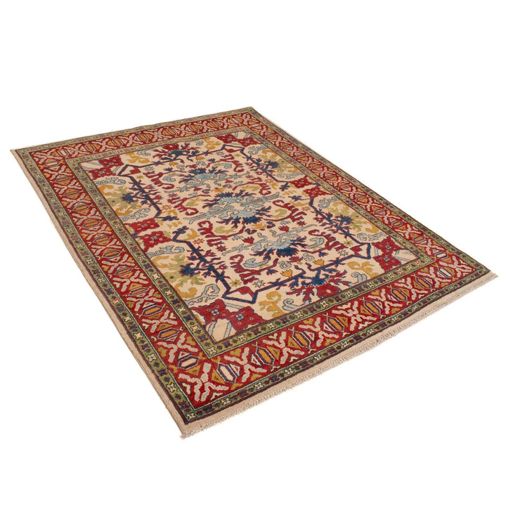 Ivory Afghan Kazak Rug 4' 11" x 6' 4" Hand-Knotted | No. AL67560