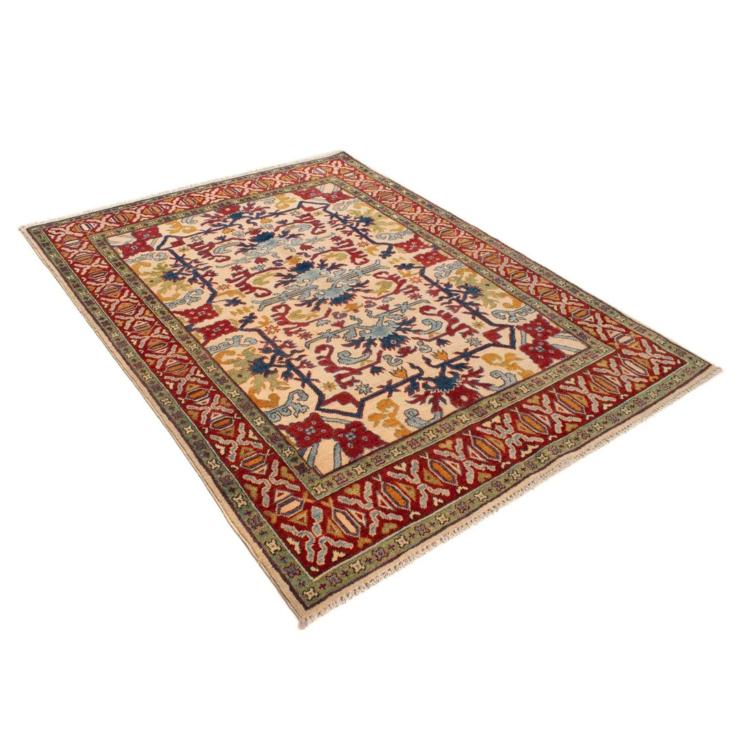 Ivory Afghan Kazak Rug 4' 11" x 6' 4" Hand-Knotted | No. AL67560